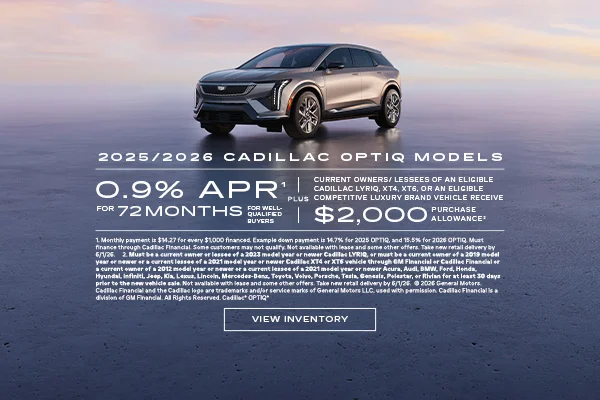 2025 and 2026 Cadillac OPTIQ. 0.9% APR for 72 months plus $2,000 purchase allowance.